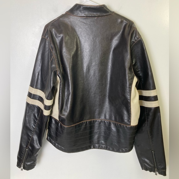Vintage Men’s Brown Bomber Jacket w Cream Sides and Stripes on Sleeves, Large - Picture 2 of 15
